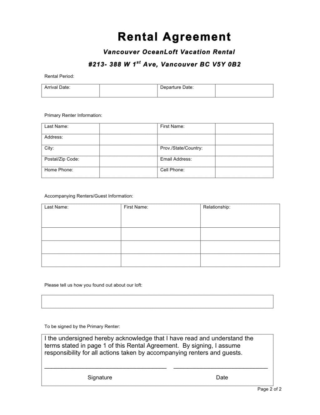 Printable Simple Rental Agreement Form